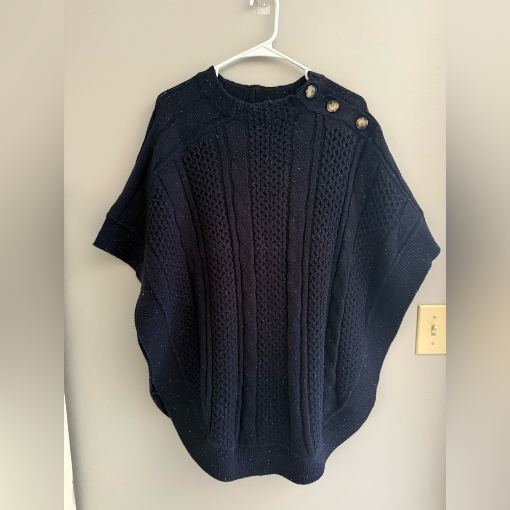 Talbots Blue Speckled Cable Knit Poncho Sweater Women’s SZ S Cotton Buttons